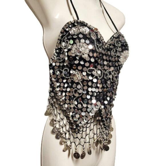 Black Sequin Halter Crop Top Silver Sequin Backless Belly Dancing Tops NEW - Picture 2 of 8